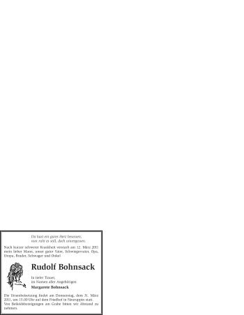 Todesanzeige von Rudolf Bohnsack von WESTFÄLISCHER ANZEIGER