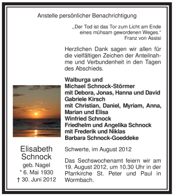 Todesanzeige von Elisabeth Schnock von WESTFÄLISCHER ANZEIGER
