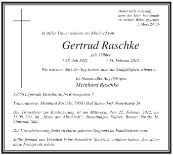 Todesanzeige von Gertrud Raschke von WESTFÄLISCHER ANZEIGER
