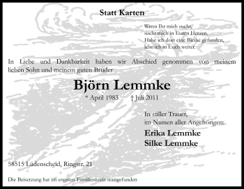 Todesanzeige von Björn Lemmke von WESTFÄLISCHER ANZEIGER