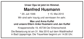 Todesanzeige von Manfred Husmann von WESTFÄLISCHER ANZEIGER