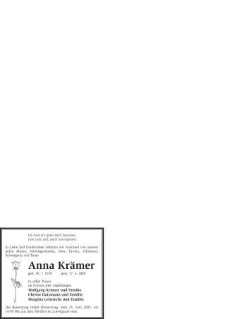 Todesanzeige von Anna Krämer von WESTFÄLISCHER ANZEIGER