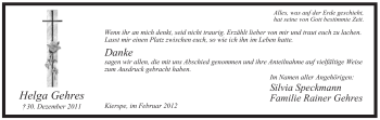 Todesanzeige von Helga Gehres von WESTFÄLISCHER ANZEIGER