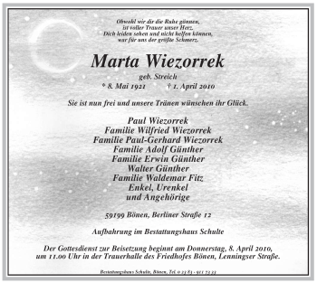 Todesanzeige von Marta Wiezorrek von WESTFÄLISCHER ANZEIGER