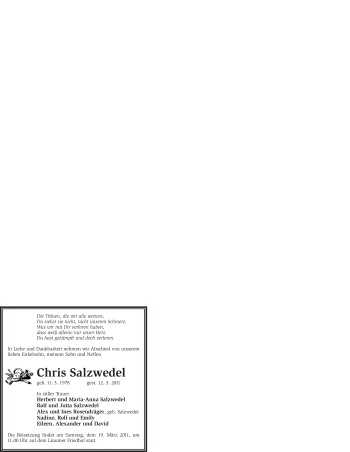 Todesanzeige von Chris Salzwedel von WESTFÄLISCHER ANZEIGER