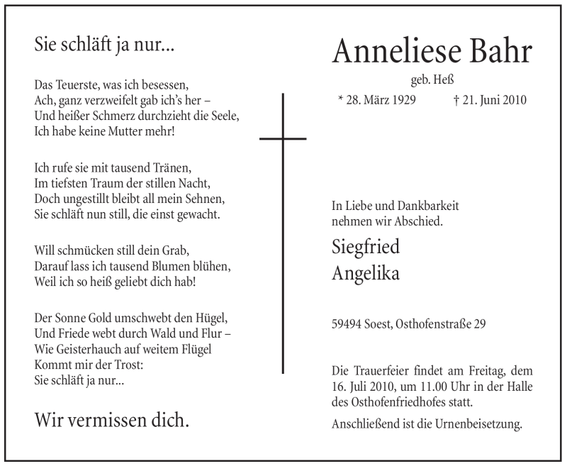  Traueranzeige für Anneliese Bahr vom 10.07.2010 aus WESTFÄLISCHER ANZEIGER