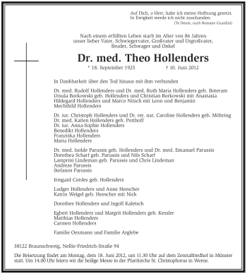 Todesanzeige von Theo Hollenders von WESTFÄLISCHER ANZEIGER