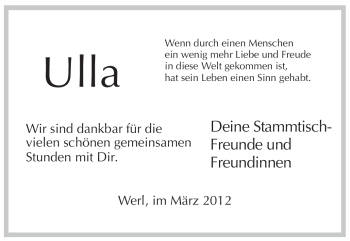 Todesanzeige von Ulla Unbekannt von WESTFÄLISCHER ANZEIGER