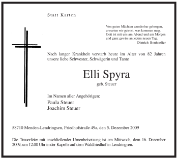 Todesanzeige von Elli Spyra von WESTFÄLISCHER ANZEIGER