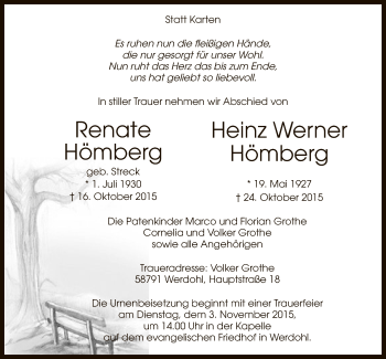 Todesanzeige von Renate Hömberg von MZV