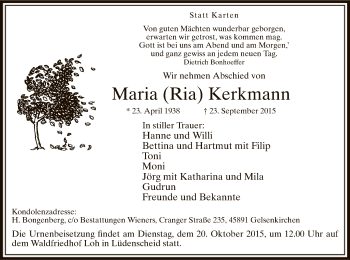 Todesanzeige von Maria Kerkmann von MZV