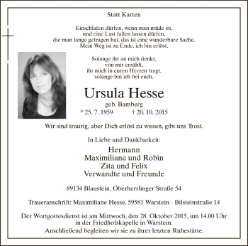 Todesanzeige von Ursula Hesse von MZV