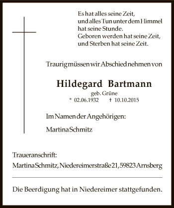 Todesanzeige von Hildegard Bartmann von MZV