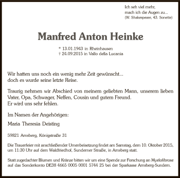 Todesanzeige von Manfred Anton Heinke von MZV