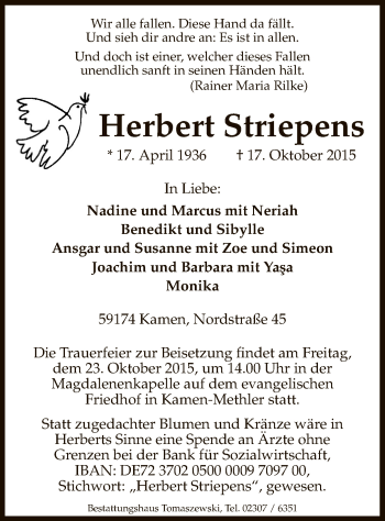 Todesanzeige von Herbert Striepens von MZV