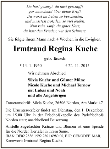 Todesanzeige von Irmtraud Regina Kuche von MZV