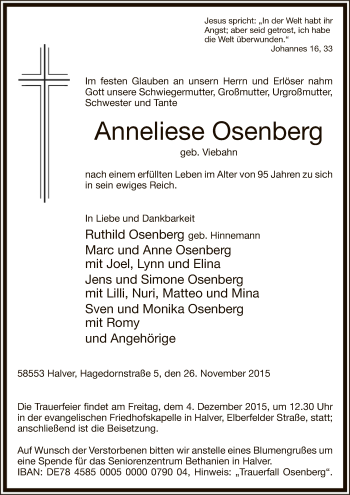 Todesanzeige von Anneliese Osenberg von MZV