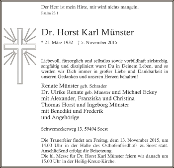 Todesanzeige von Horst Karl Münster von MZV