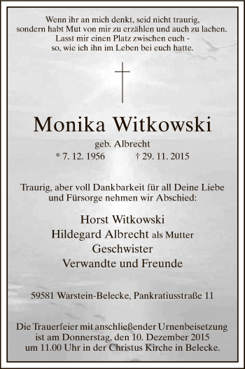 Todesanzeige von Monika Witkowski von MZV