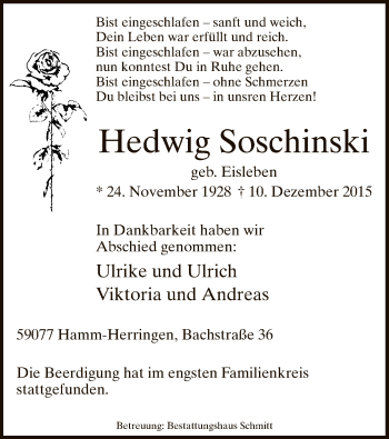 Todesanzeige von Hedwig Soschinski von MZV