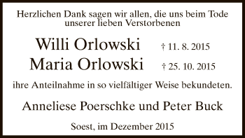 Todesanzeige von Willi und Maria Orlowski von MZV
