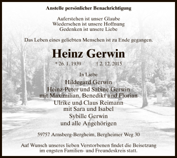 Todesanzeige von Heinz Gerwin von MZV