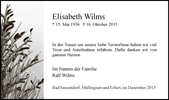 Todesanzeige von Elisabeth Wilms von MZV