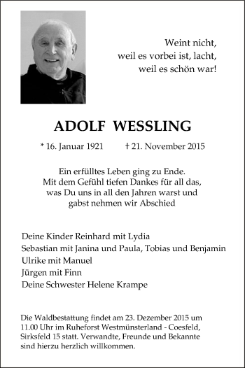 Todesanzeige von Adolf Wessling von MZV