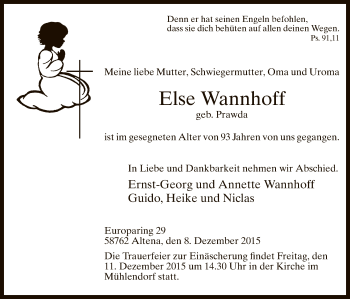 Todesanzeige von Else Wannhoff von MZV