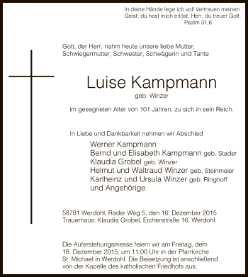 Todesanzeige von Luise Kampmann von MZV