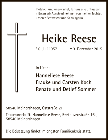 Todesanzeige von Heike Reese von MZV