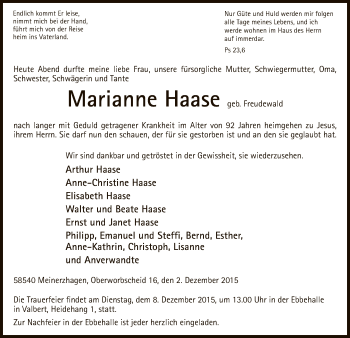 Todesanzeige von Marianne Haase von MZV