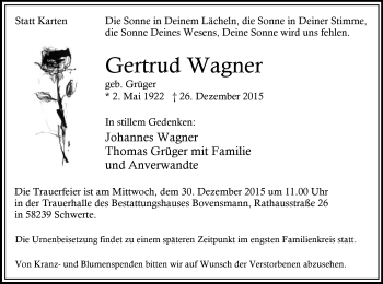 Todesanzeige von Gertrud Wagner von MZV