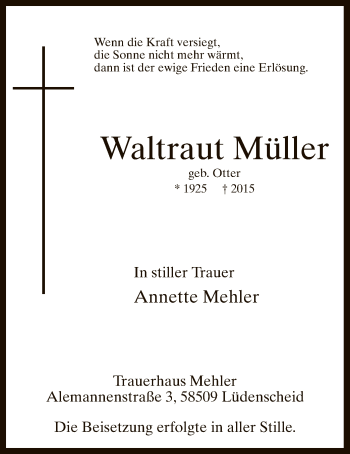 Todesanzeige von Waltraut Müller von MZV