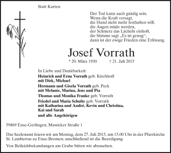 Todesanzeige von Josef Vorrath von MZV