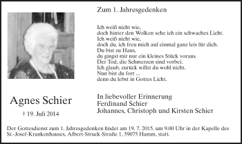 Todesanzeige von Agnes Schier von MZV