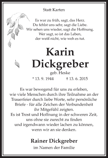 Todesanzeige von Karin Dickgreber von MZV