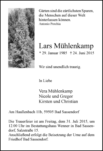 Todesanzeige von Lars Mühlenkamp von MZV