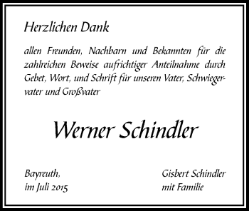 Todesanzeige von Werner Schindler von MZV