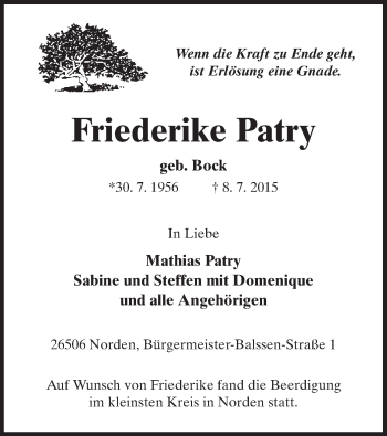 Todesanzeige von Friederike Patry von MZV