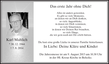 Todesanzeige von Karl Mahlich von MZV