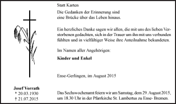 Todesanzeige von Josef Vorrath von MZV