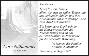 Todesanzeige von Lore Nithammer von MZV