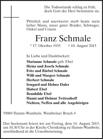 Todesanzeige von Franz Schmale von MZV