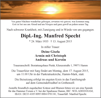 Todesanzeige von Manfred Specht von MZV