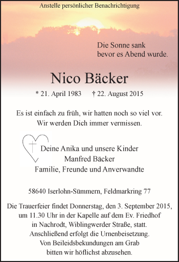Todesanzeige von Nico Bäcker von MZV