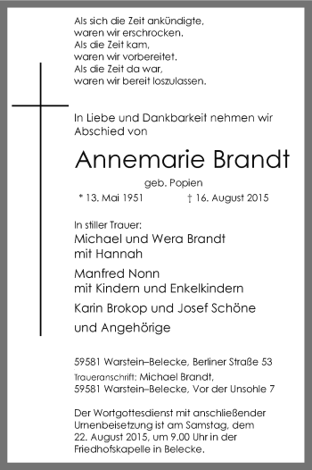 Todesanzeige von Annemarie Brandt von MZV