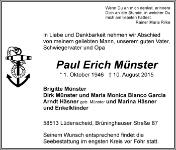 Todesanzeige von Paul Erich Münster von MZV