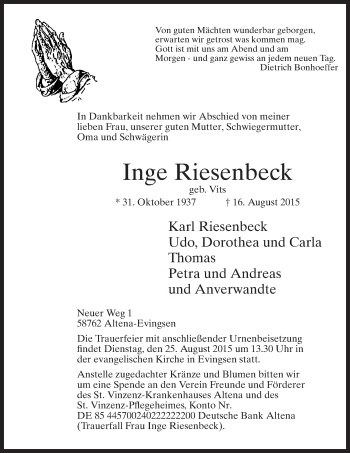 Todesanzeige von Inge Riesenbeck von MZV