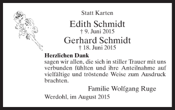 Todesanzeige von Edith und Gerhard Schmidt von MZV